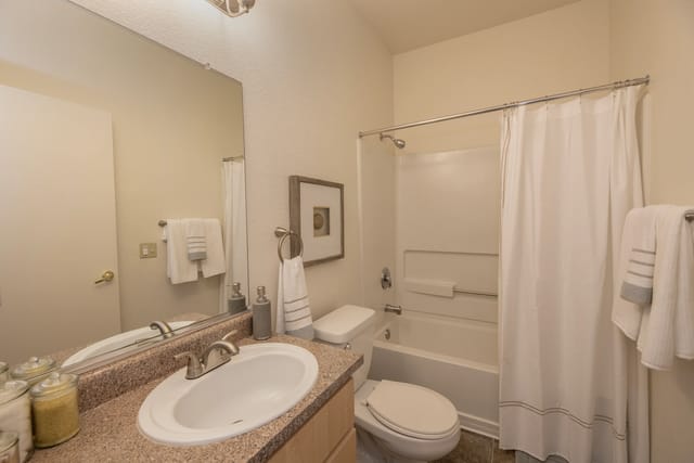 Bathroom with vanity, toilet, and shower/tub combo.