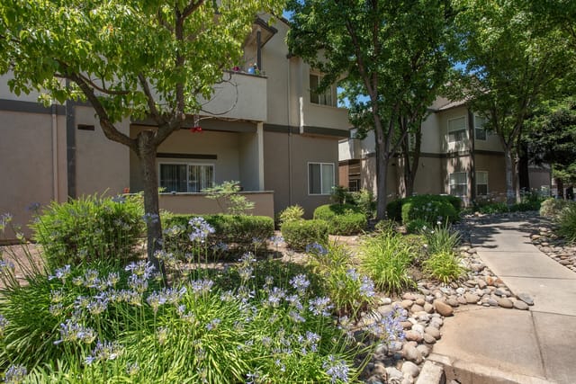 Apartment building exterior with lush landscaping and a walkway.