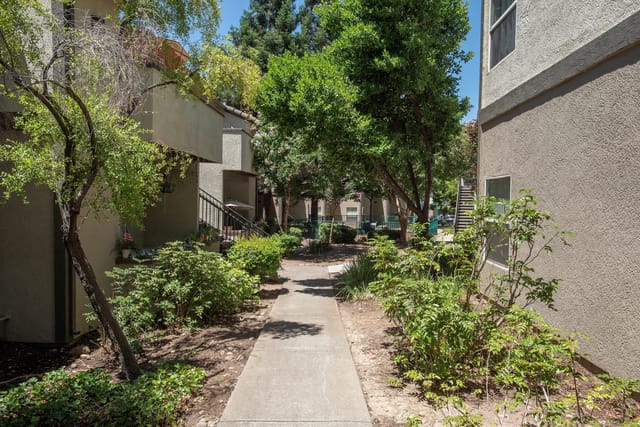 Walkway between apartment buildings with lush landscaping.