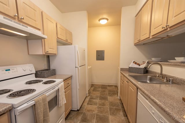 Kitchen with white stove, refrigerator, sink, and light wood cabinets.