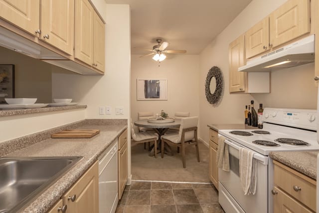 Kitchen and dining area in an apartment.