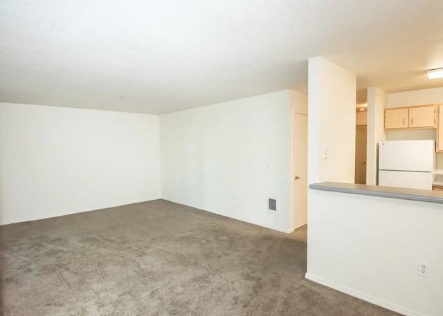 Spacious living room with neutral carpet and white walls, leading to a kitchen area with white appliances.