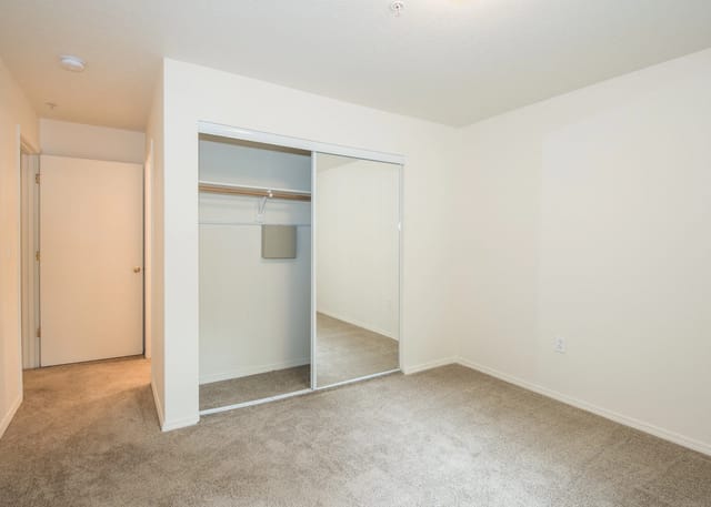 Bedroom with carpet and mirrored closet doors.