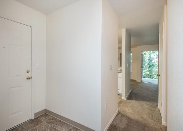 Apartment hallway entrance with door, leading to kitchen and living area.