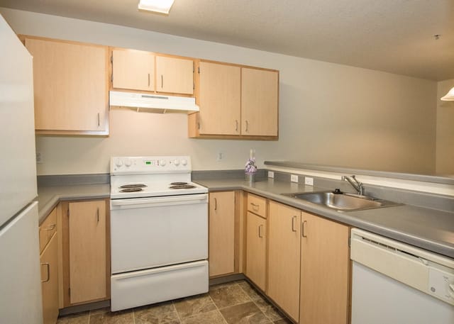 Kitchen with white appliances, light wood cabinets, and grey countertops.