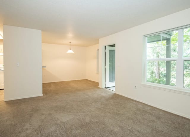 Living room and dining area with neutral carpet and large window overlooking trees.