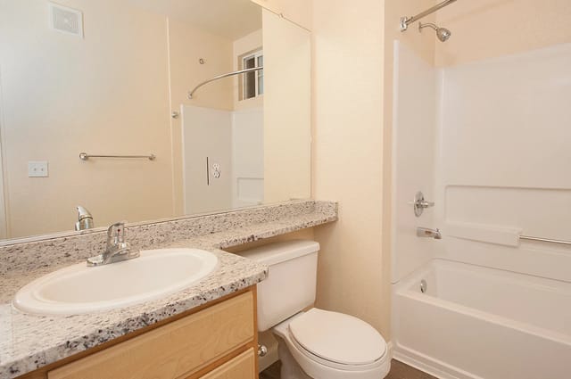 Bathroom with vanity, toilet, and shower/tub combo