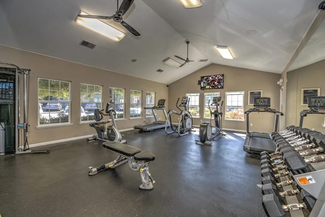 Fitness center with treadmills, ellipticals, weight bench, and dumbbells.