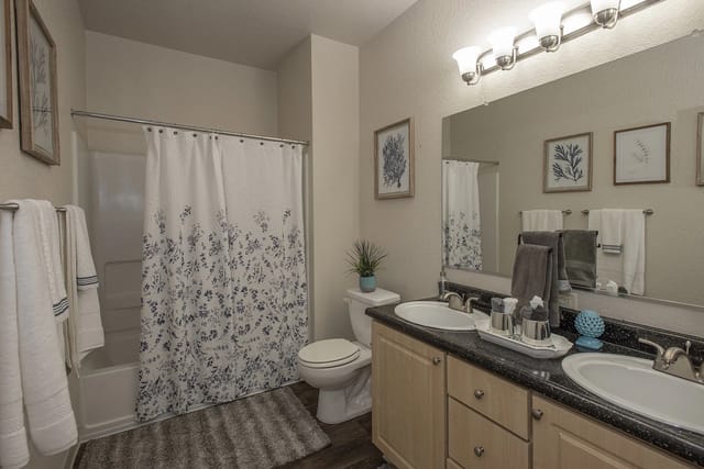 Bathroom with double vanity, toilet, and tub with shower curtain.