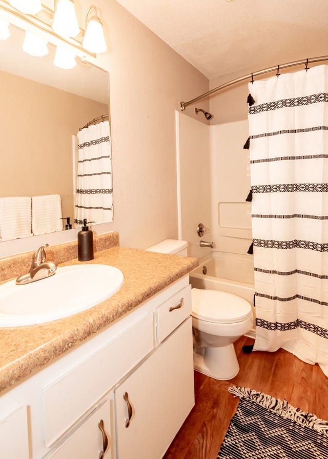 Modern bathroom with vanity, sink, toilet, and shower/tub combo.