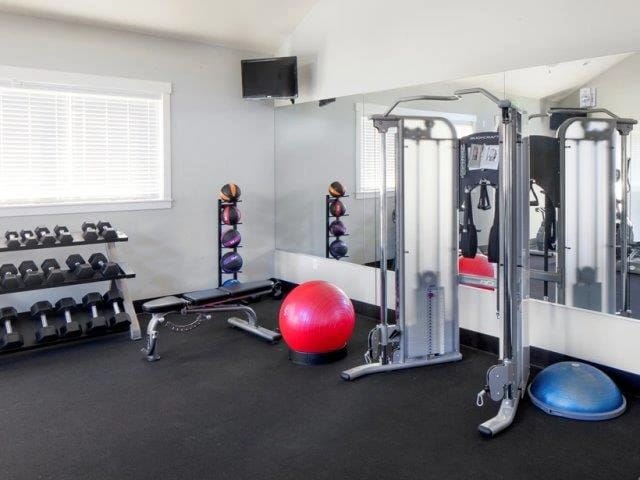 Fitness center gym with dumbbells, weight bench, medicine balls, and cable machine.