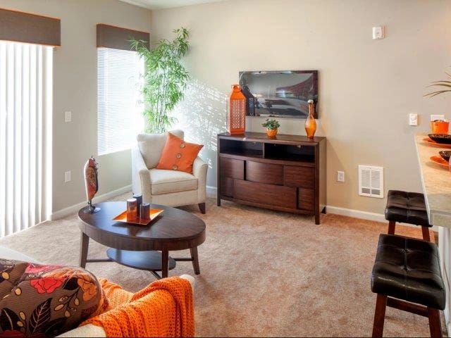 Living room with a TV, coffee table, accent chair, and a balcony door.