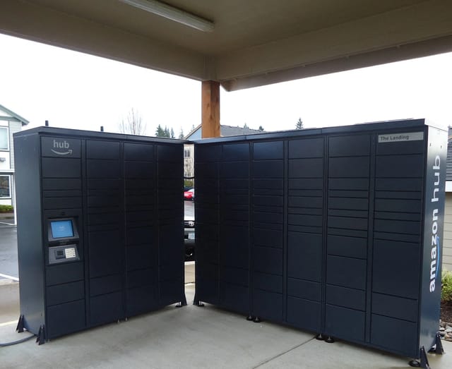 Amazon Hub package lockers at The Landing apartment complex.