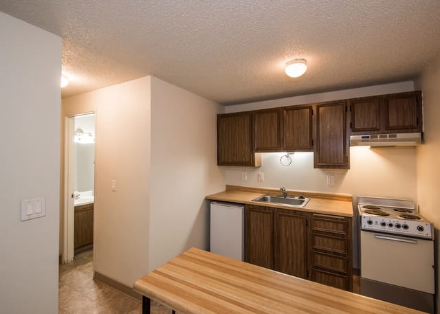 Kitchenette with wooden cabinets, sink, stove, and mini-fridge.