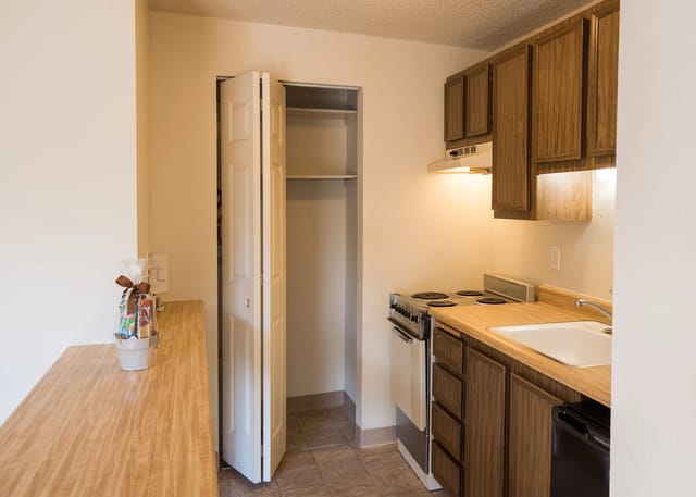 Kitchen area with a stove, sink, and closet.