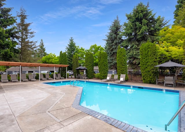 Outdoor swimming pool with lounge chairs and umbrellas.
