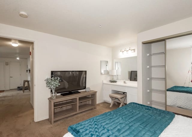 Bedroom with TV, vanity, and closet.