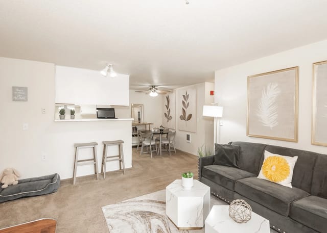 Living room with dark gray couch, coffee table, and dining area.