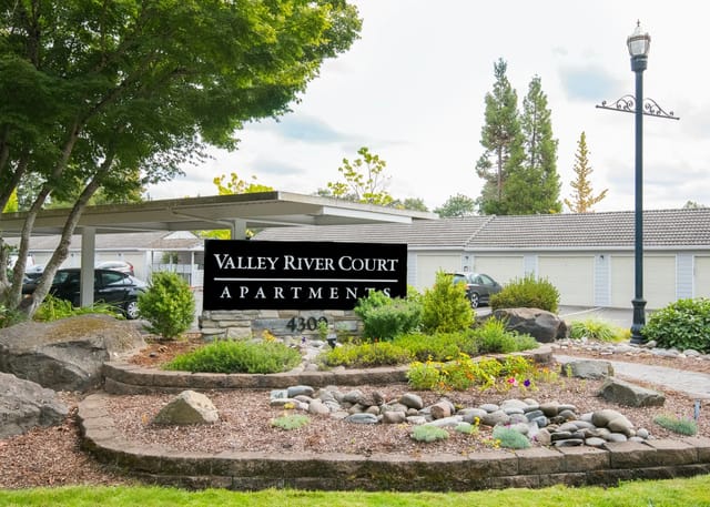 Valley River Court Apartments monument sign and building exterior