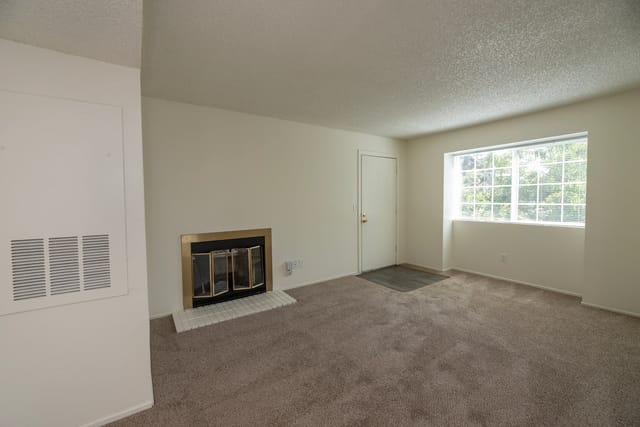 Living room with a fireplace and large window