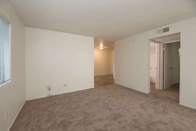 Spacious living room with neutral-toned carpet and a window with blinds.