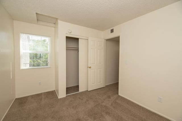 Interior view of a bedroom with a closet and window.