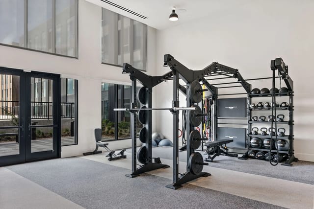 Modern fitness center with weight rack, barbells, dumbbells, and organized storage.