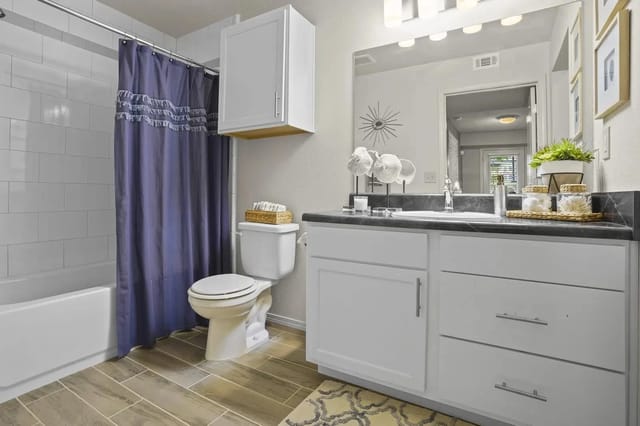 Bathroom in a modern apartment: white vanity with gray countertop, toilet, and a purple shower curtain.
