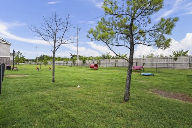 Open grassy community yard with trees, a fence, and distant playground equipment.