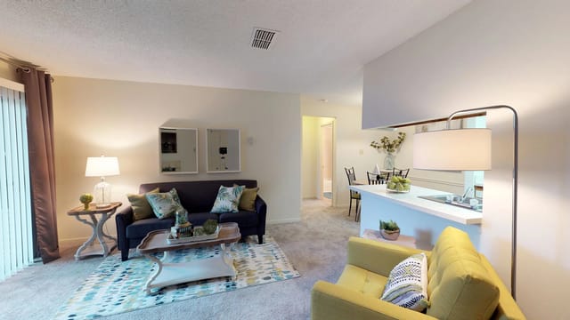 Living room and kitchen area in an apartment.