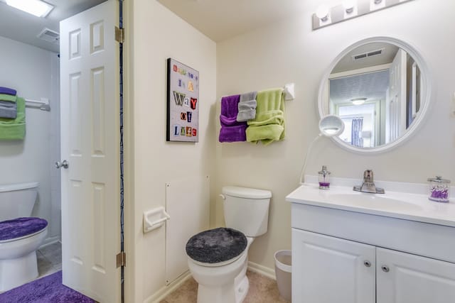 Bathroom vanity with sink and round mirror above, toilet and shower visible through doorway.