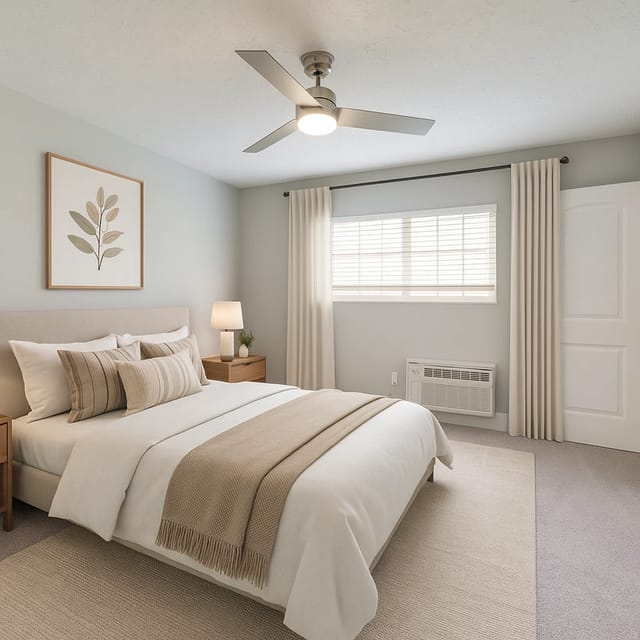 Bedroom with a king-size bed, ceiling fan, and window with blinds.