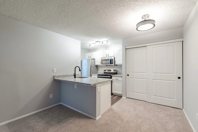 Modern kitchen with granite countertops, stainless steel appliances, and ample cabinet space.