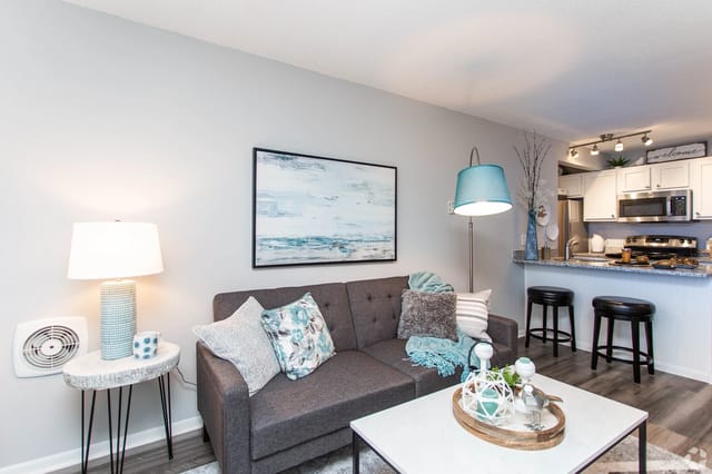 Cozy living room with a dark gray sofa, coffee table, and a kitchen area in the background.