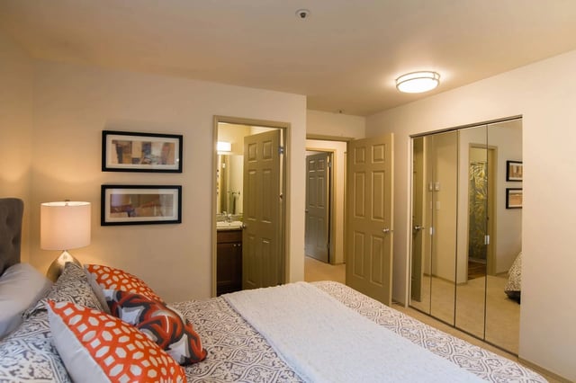 Bedroom with large closet and view into bathroom.