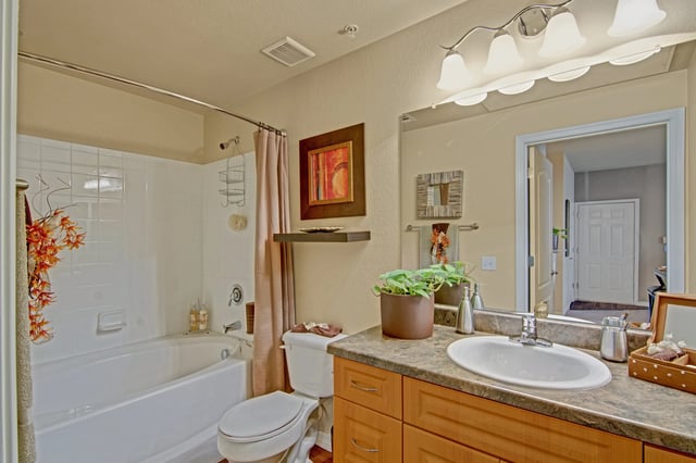 Bathroom with bathtub, toilet, and vanity with sink and mirror.