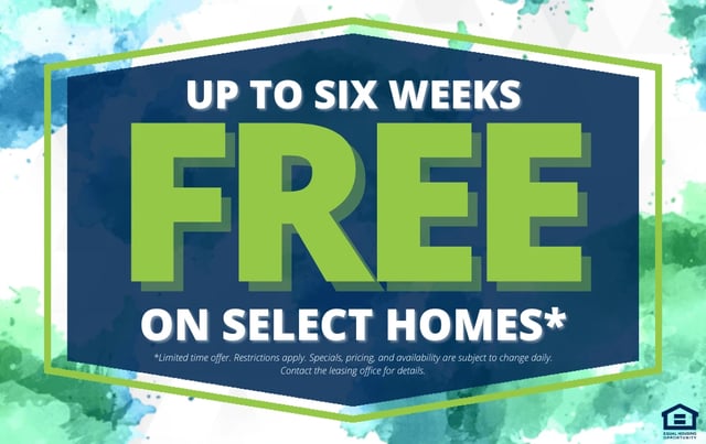 Up to six weeks free on select homes graphic with Equal Housing Opportunity logo.