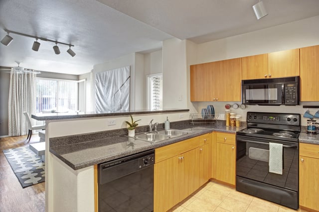 Modern kitchen with light wood cabinets, black appliances, and granite countertops.