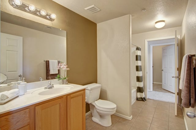 Bathroom vanity with sink, toilet, and shower with striped curtain.