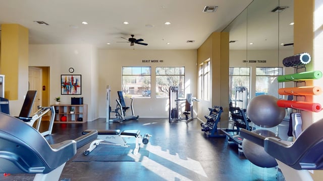 Fitness center gym with treadmills, weight machines, and exercise balls.