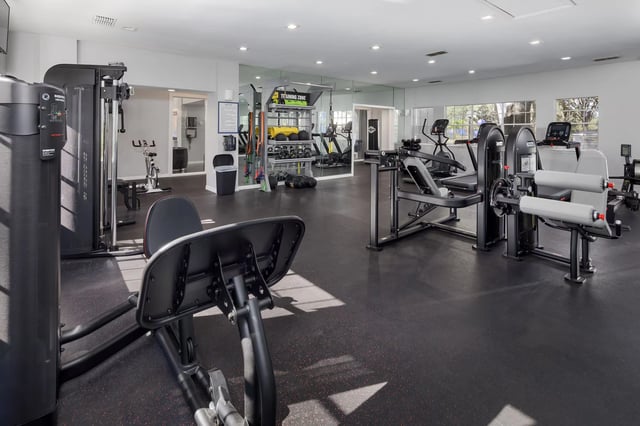 Gym with various weight machines, treadmills, and free weights.