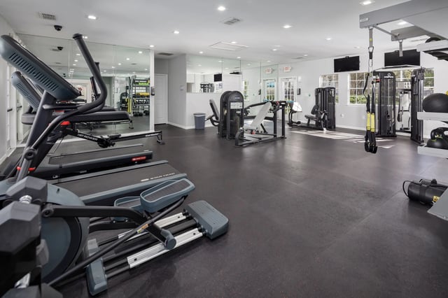Modern gym with treadmills, elliptical, weight machines, and TRX suspension trainers.