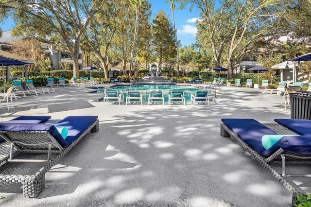 Outdoor swimming pool with lounge chairs and umbrellas, surrounded by trees.