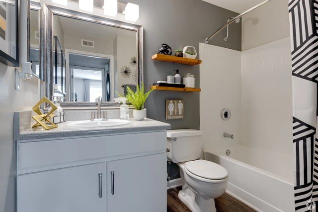 Modern bathroom with vanity, toilet, and bathtub.