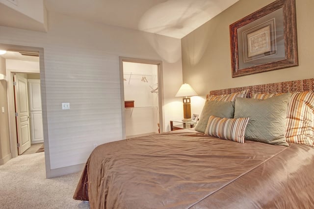 Bedroom with a large bed, nightstand, lamp, and a walk-in closet.
