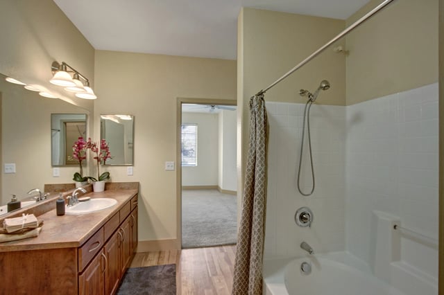 Bathroom with a dual vanity, large mirror, and a bathtub/shower combination.