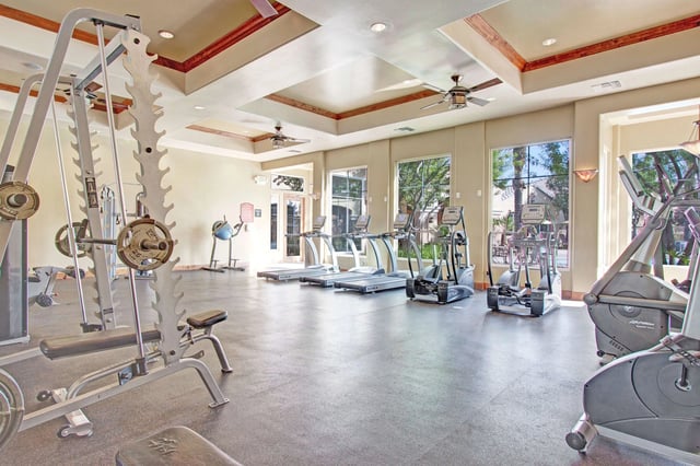Gym equipment including treadmills, ellipticals, and weight machines in a well-lit fitness center.