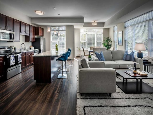Modern apartment kitchen and living area with island seating and a sofa.