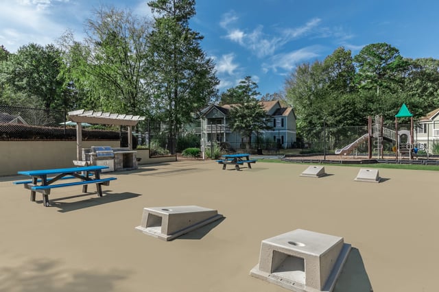 Outdoor area with picnic tables, grills, and a playground.