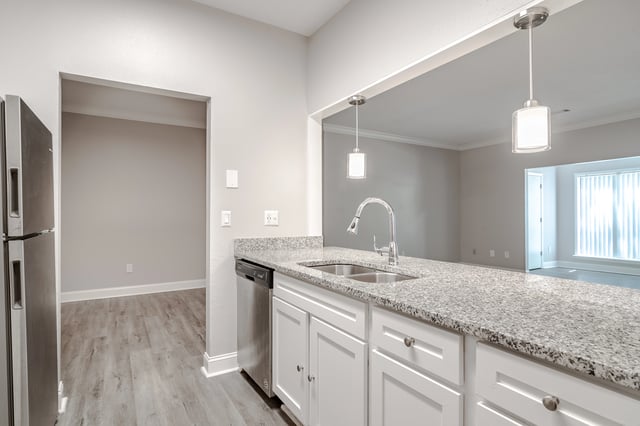 Kitchen with granite countertops, stainless steel appliances, and view into living area.